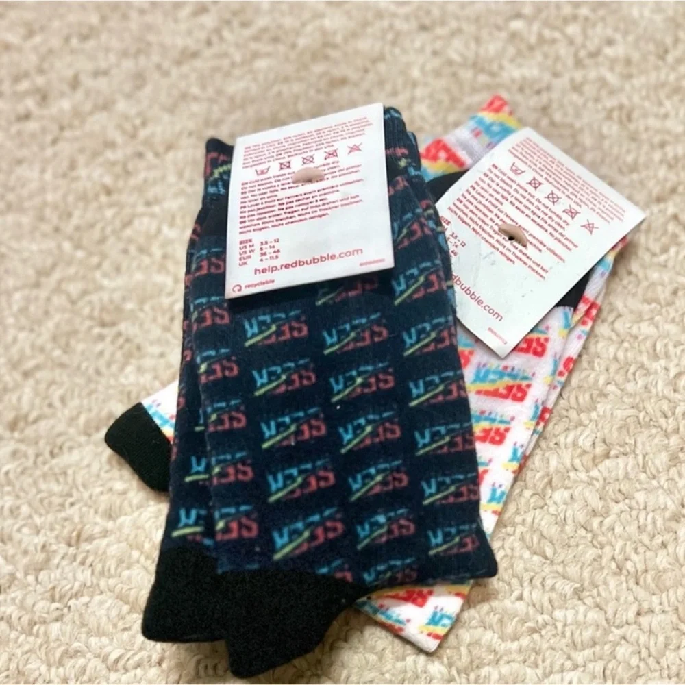 3/$19 NWT Bundle of 2 pair Yes Theory Seek Discomfort all over logo crew socks